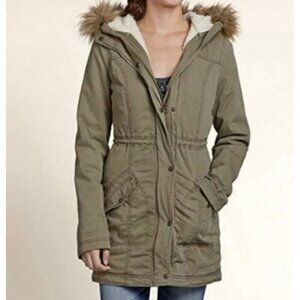 Hollister Jack Creek Twill Parka XS Olive Faux Fur Trim Hoodie Sherpa Lined